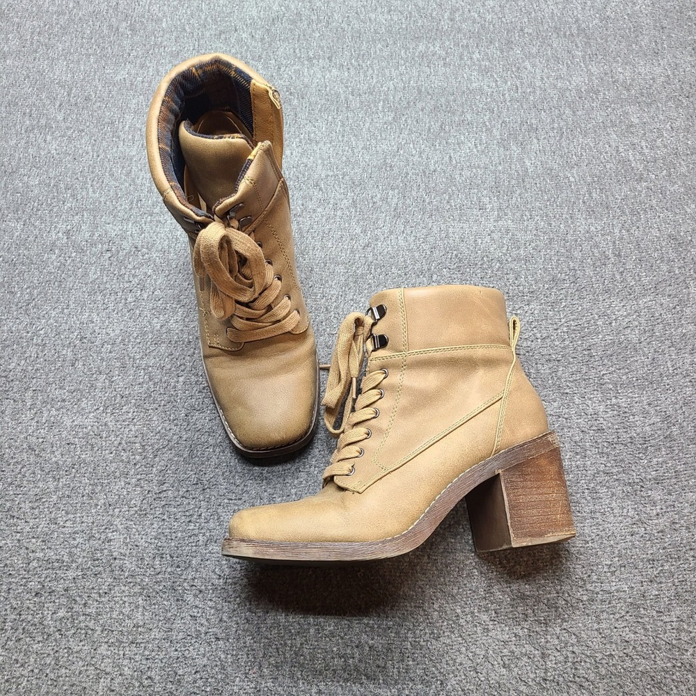 Crown Vintage Tan Lace Up‎ Side Zip Block Heel Ankle Boots Women's Size 7.5